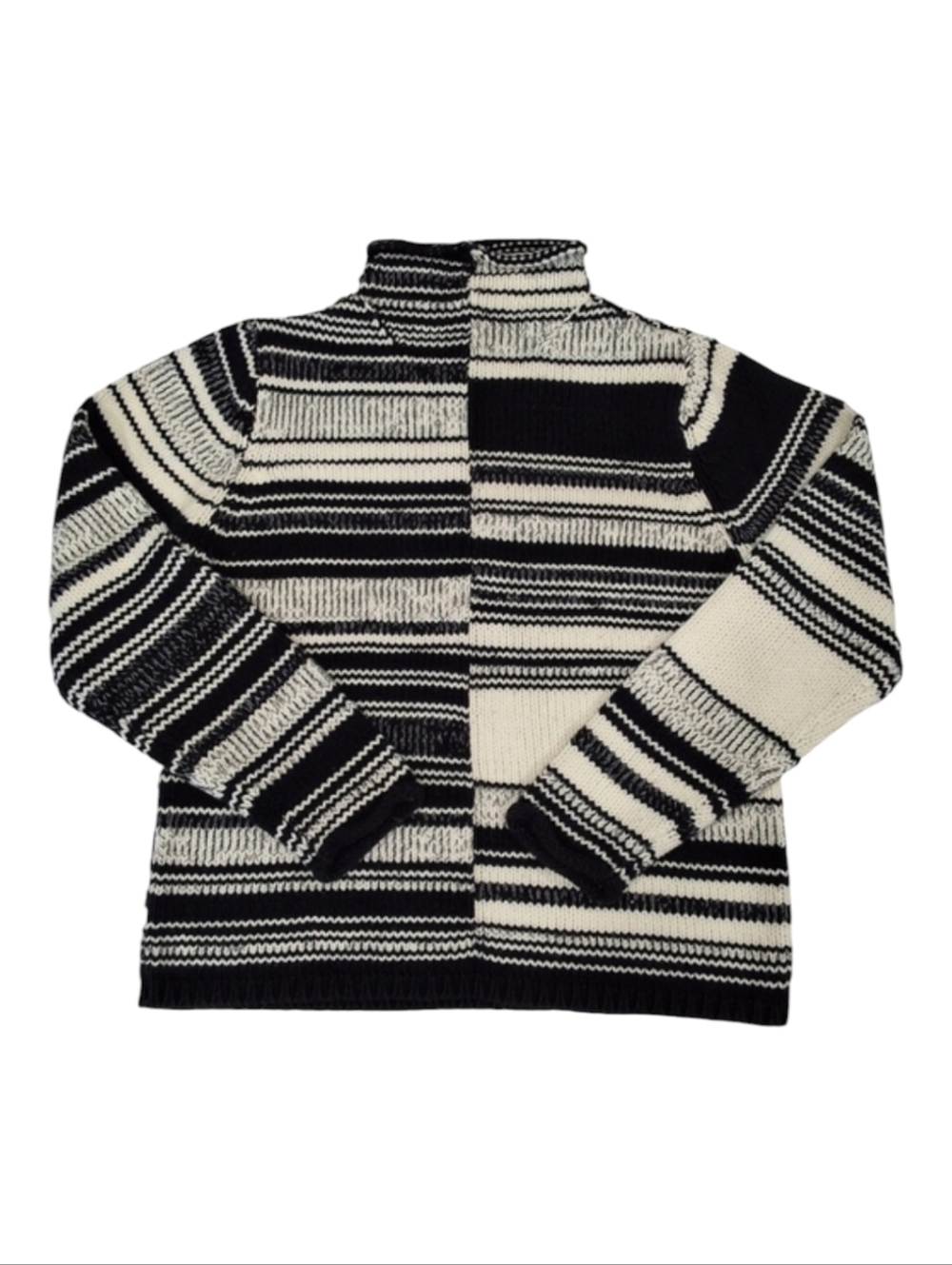 Northern Isles~Women VTG Stripe Yin Yang Mock Sweater~Cable Knit~Black White~MED